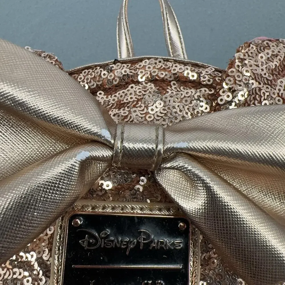 Loungefly Disney Parks Minnie Mouse Rose Gold Sequin Mini Backpack Bow 2019